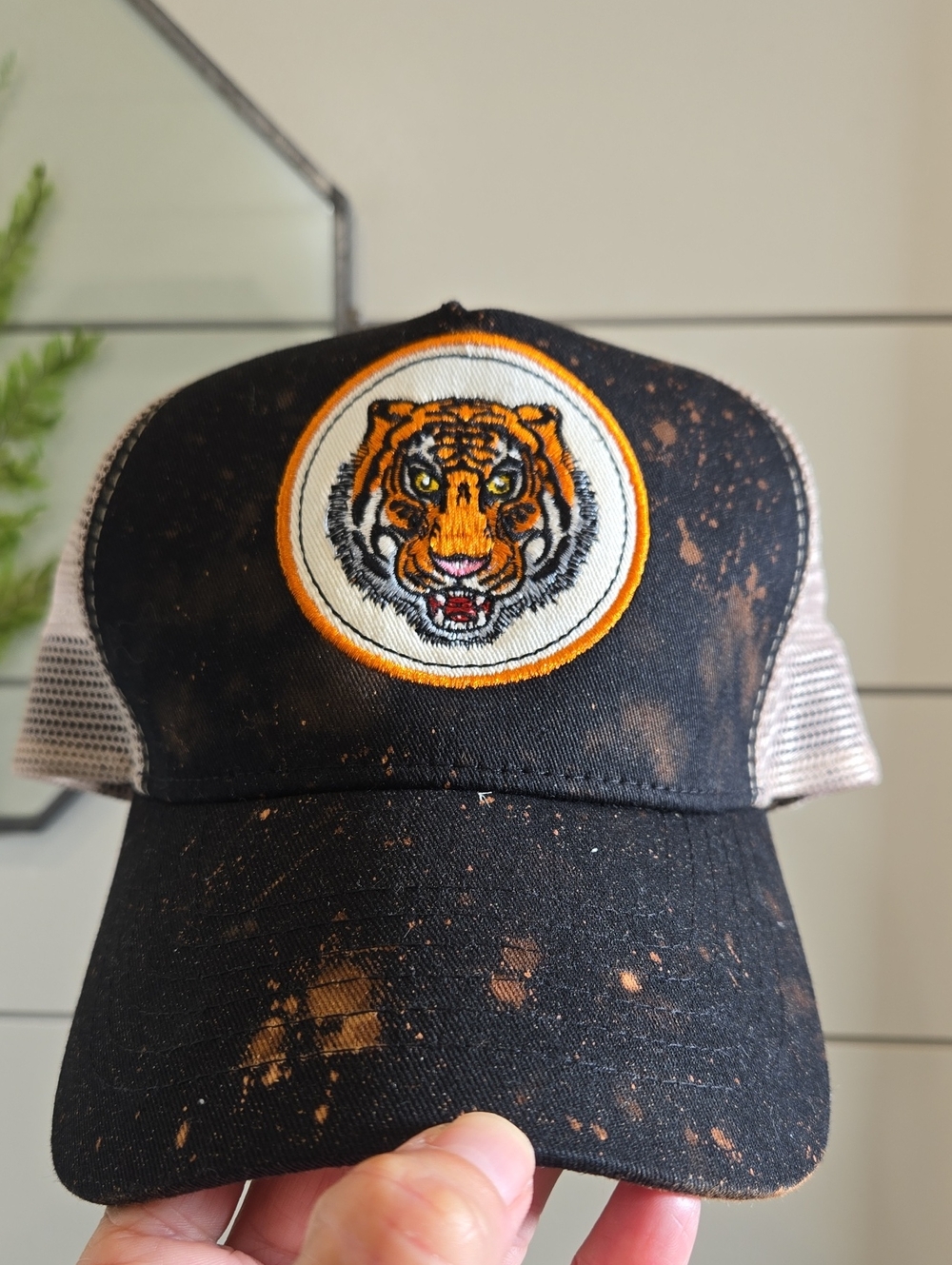 Upcycled Bleach Splatter Black & Tan Tiger Patch Hat